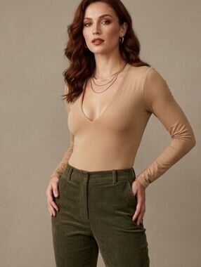 Open Edit Women's Size XS Tan Double Layer Long Sleeve V Neck Bodysuit